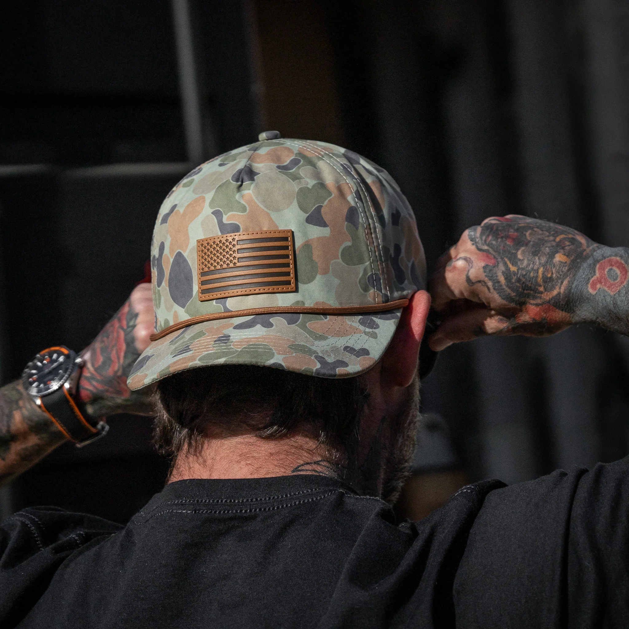 American Flag Leather Patch Crushable Rope Snapback Hat - Image 2